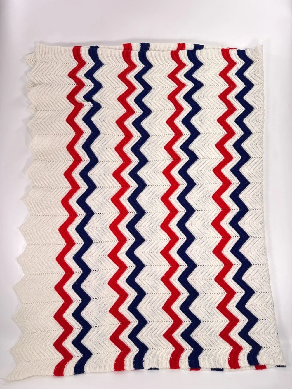 Handmade Red White Blue Chevron Crochet Afghan Blanket Throw 58x36